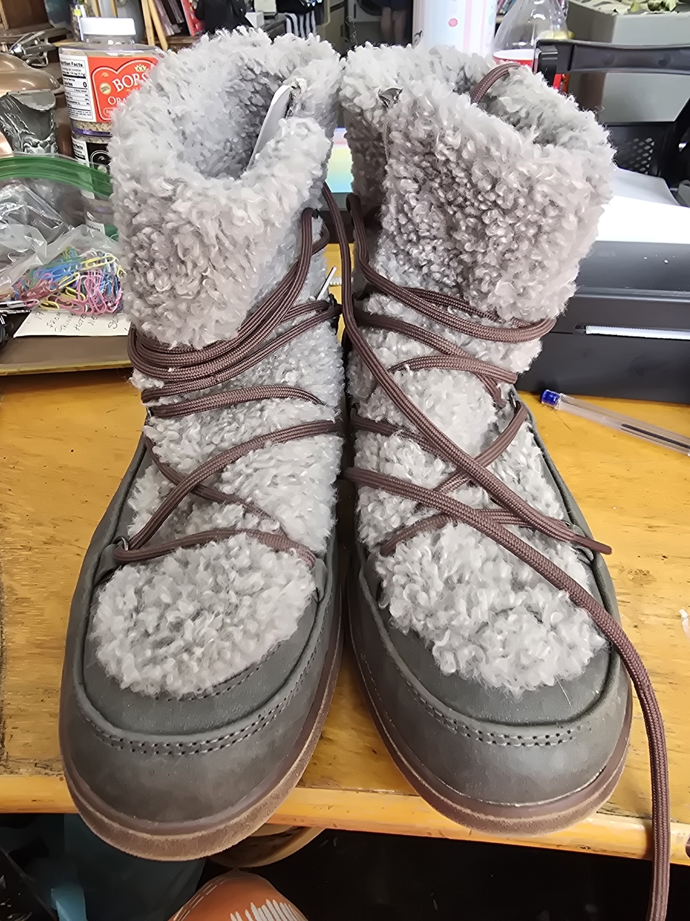 SM New York Gray Faux Shearling Lace-Up Winter Boots with Brown Laces